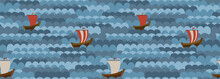 Vector Pattern Of Waves And Ships In Northern Folk Style. Can Be Used For Printing On Interior Fabrics For Bed Linen, Curtains, Boy's Room Wallpaper, Clothing And Packaging.
