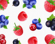 Forest berries background Vector illustration of raspberry, black currant, blueberry, cranberry. Ralistic blurred falling Berry fruit