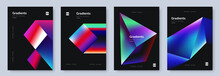 Abstract Black Poster Collection With Colorful Gradient Geometric Shapes. Cover Set In Minimal Style. Neon Glow Backgrounds. Ideal For Banner, Music Party Invitation, Club Flyer. Vector Illustration