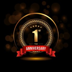 1 years anniversary logo with golden ring and ribbon for booklet, leaflet, magazine, brochure poster, banner, web, invitation or greeting card. Vector illustrations.