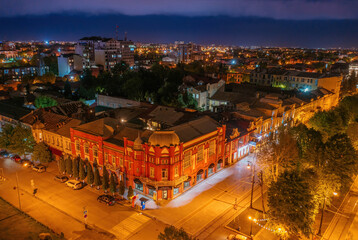 Wall Mural - Vladikavkaz, capital of North Ossetia. Historical downtown from drone at night