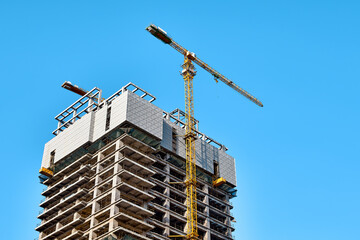 Top of cement skyscraper under construction with two yellow tower cranes against clear blue sky in sunny weather with birds around it