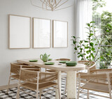 Fototapeta Boho - Mock up frame in cozy boho dining room interior background, 3d render