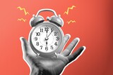 Fototapeta  - Human hand holding alarm clock on red background, idea concept