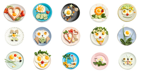 Wall Mural - Set of funny food for little kids on white background, top view