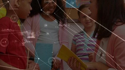 Sticker - Animation of network of connections over diverse schoolchildren with notebooks and teacher