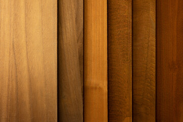 Stained wood panel samples in various shades on of brown. Color and finishing samples. Brown Stained wood panel samples aligned.