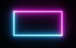 © Shutter2U - Square rectangle picture frame with two tone neon color motion graphic on isolated black background. Blue and pink light moving for overlay element. 3D illustration rendering. Empty copy space middle