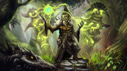 goblin shaman uses the power of two nature totems to create a magical sphere, around him is a forest