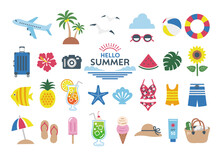 かわいい夏のイラスト素材セット /  夏　海　旅行　アイコン　セット
