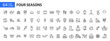 Four Seasons Icons Set. Spring, Summer, Autumn And Winter. Pixel Perfect, Editable Stroke Line Art Icons
