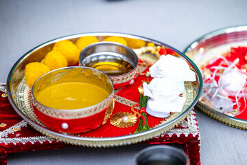 Indian pre wedding haldi ceremony ritual items