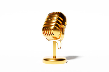 Golden  metal retro microphone, classic metal microphone on a white  background, close-up view. Live show, music recording, entertainment concept. 3d illustration