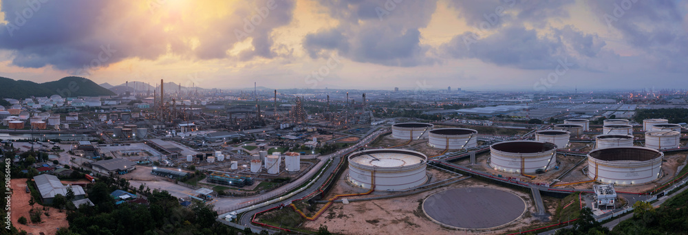 Panorama image. Aerial view drone of oil storage tank with oil refinery ...