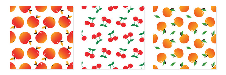 Wall Mural - Set, collection of three vector seamless pattern backgrounds with apple, cherry, peach frits for food and nature design.