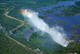 Victoria Falls or "Mosi-oa-Tunya"..(The Smoke that Thunders), Zambezi River, Zimbabwe / Zambia border, Southern Africa -  aerial.