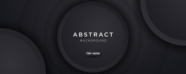 Black abstract vector long banner. Business minimal gradient background with 3D circles and copy space for text. Facebook header, web banner