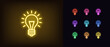 Outline neon electric lamp icon. Glowing neon lightbulb with rays of light, bulb pictogram. Idea and solution