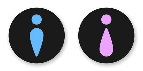 Wall Mural - Male and female gender round flat icons. Blue and pink signs on black background. Best for print, WC signboards, mobile apps and web design.