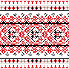 Wall Mural - Ukrainian, Belarusian folk art vector seamless pattern with snowflakes, folk art style cross-stitch ornament - Vyshyvanka 
