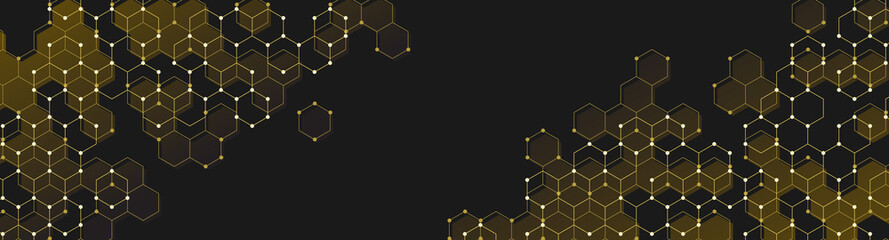 Abstract premium gold dots and hexagon technology pattern on dark background. Geometric vector hexagon shape elements for presentation or gift card. Medical, science, network, or technology design