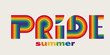 Pride word, rainbow stripes in retro 70s style.
