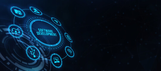 Internet, business, Technology and network concept. Inscription Software Development on the virtual display. 3d illustration.