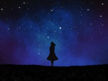 Silhouette Of A Person In The Night. A Woman With Long Hair Walked To The Top Of The Mountain And Looked Up At The Stars In The Sky.  An Illustration Created On A Tablet Is Used As A Background.
