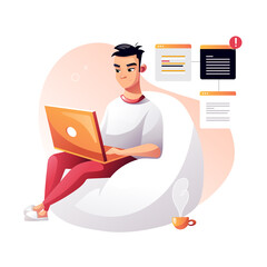 Wall Mural - the programmer focused on the work project while sitting on an easy chair. development of programmin