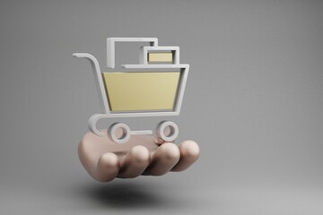 Aufkleber - Beautiful abstract illustrations Golden Hand Holding Shopping Cart symbol icon on a gray background. 3d rendering illustration. Online Shopping.