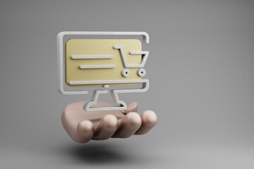 Aufkleber - Beautiful abstract illustrations Golden Hand Holding desktop Online Shopping symbol icon on a gray background. 3d rendering illustration. Online Shopping.