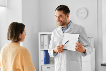 Poster - medicine, healthcare and people concept - smiling male doctor or cardiologist with clipboard showing cardiogram to woman patient at hospital