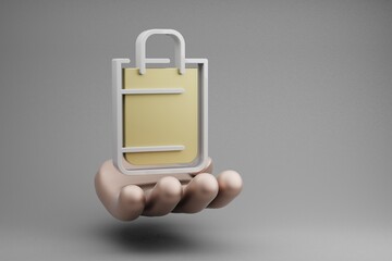 Aufkleber - Beautiful abstract illustrations Golden Hand Holding Shopping Bag symbol icon on a gray background. 3d rendering illustration. Online Shopping.