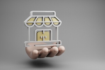 Aufkleber - Beautiful abstract illustrations Golden Hand Holding Store Building symbol icon on a gray background. 3d rendering illustration. Online Shopping.