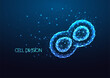 Futuristic cell division concept banner in glowing low polygonal style isolated on dark blue 