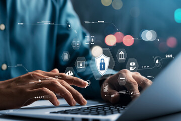 cybersecurity concept global network security technology, business people protect personal informati