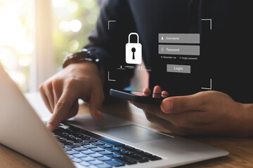 Wall Mural - cybersecurity internet and networking concept. close up of hand holding smartphone information secur