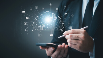 Wall Mural - cloud icon connecting to internet server service for downloading and uploading data on smartphones, 