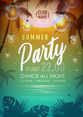 summer disco party poster with tropic leaves and string of lights. summer background. vector illustr