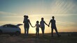 © maxximmm - people in the park. happy family a silhouette walk at sunset. car travel kid dream concept. happy family parents and children walk silhouette next to car. family walk next to sun car