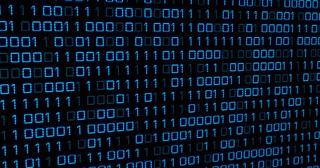 image of blue binary code changing on black background