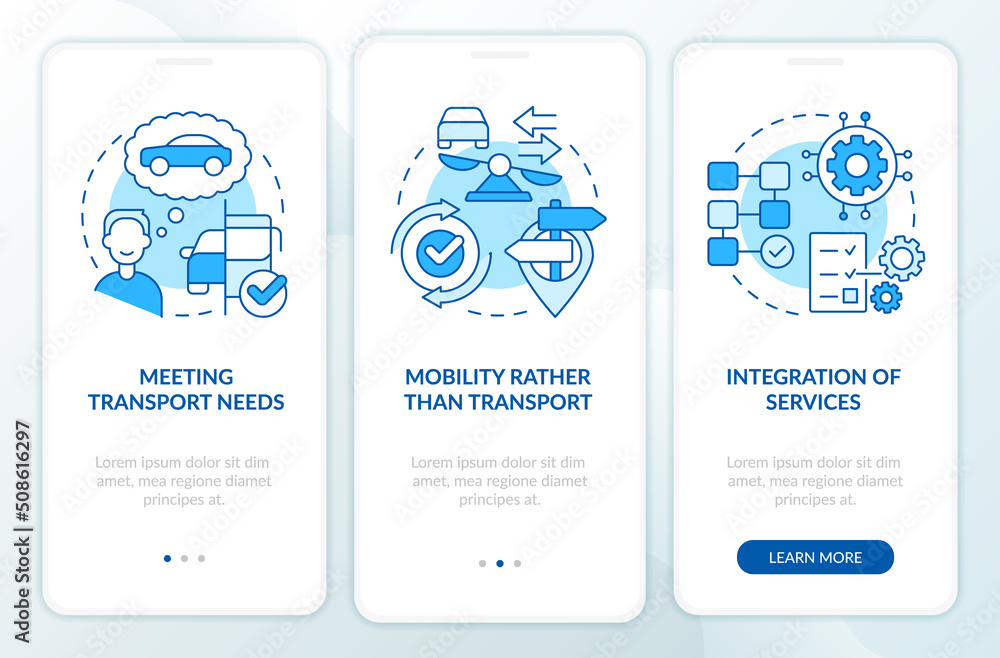 MaaS concept components blue onboarding mobile app screen. Transport ...