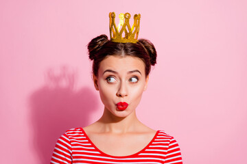 Wall Mural - Portrait of young selfish pretty girl with golden tiara on head look empty space thinking isolated on pink color background