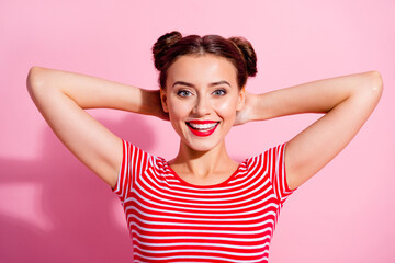 Wall Mural - portrait of adorable peaceful lady arms behind head toothy smile enjoy free time isolated on pink co