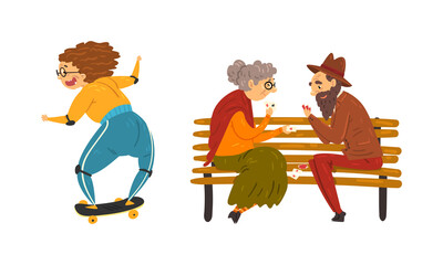 Canvas Print - Senior Man and Woman Skateboarding and Playing Card Game Sitting on Bench Vector Set