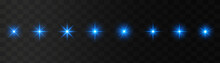 Set Of Glowing Light Stars On A Transparent Background. Transparent Shining Sun, Star Explodes And Bright Flash. Blue Bright Illustration Starburst. 