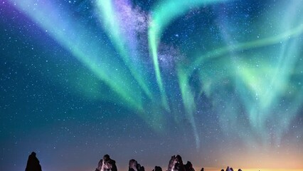 Wall Mural - aurora green purple and milky way galaxy trona pinnacles 50mm tilt down