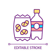 Poster - Snacks and carbonated drinks RGB color icon. Eating sweetened foods and beverages. Low nutritional value. Isolated vector illustration. Simple filled line drawing. Editable stroke. Arial font used