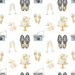 Seamless pattern on a wedding theme. Ideal for wedding design, packaging, invitations. Champagne glasses, groom's shoes, bride's shoes, cake, camera, wedding bouquet.