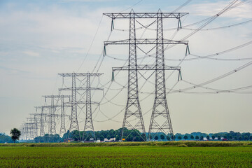 Wall Mural - Long row of electricity pylons with high voltage cables in an agricultural Dutch landscape. It is a slightly cloudy day in the spring season.